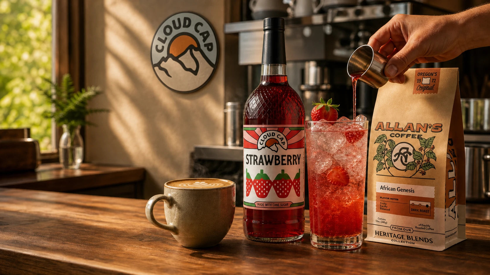 Cloud Cap strawberry syrup, an iced strawberry drink, and an Allan's Coffee bag on a cafe counter beneath the Cloud Cap wall sign